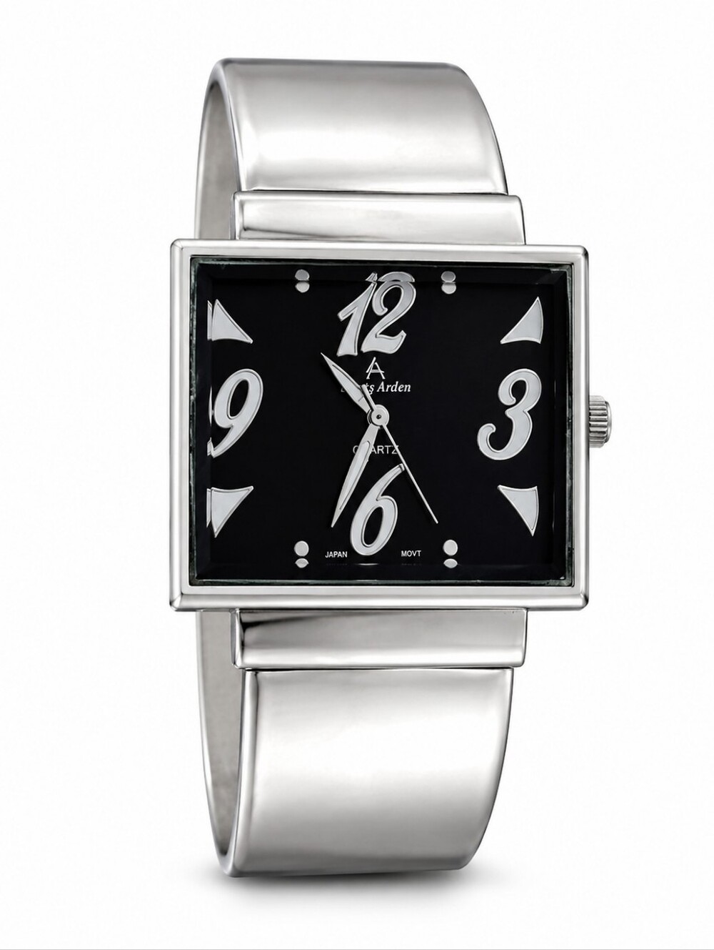 Louis Arden Vintage Silver Tone Bangle Cuff Watch Black Dial Quartz Women's
